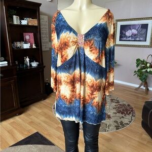Sheri V blue, orange & yellow 3/4 sleeve Vneck blouse-size 1X